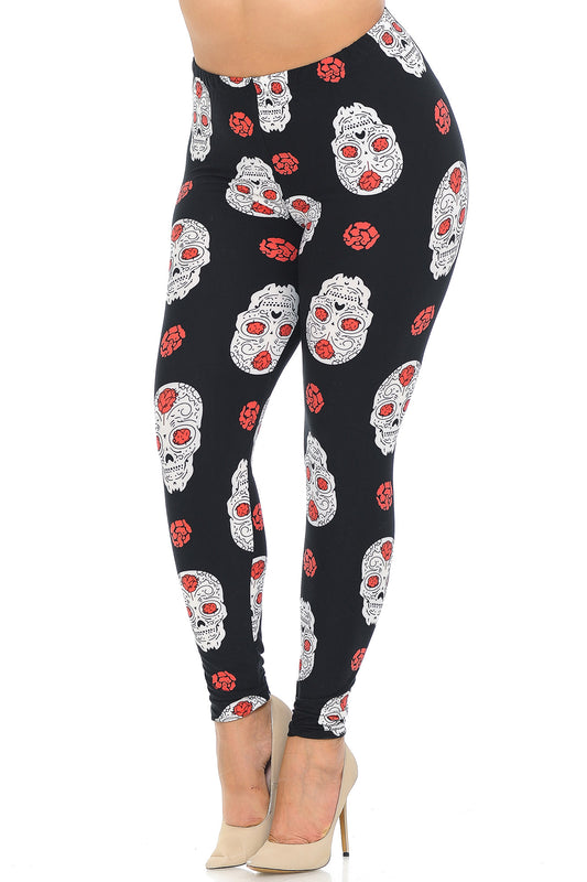 Buttery Soft Rose and Skull Extra Plus Size Leggings - 3X-5X